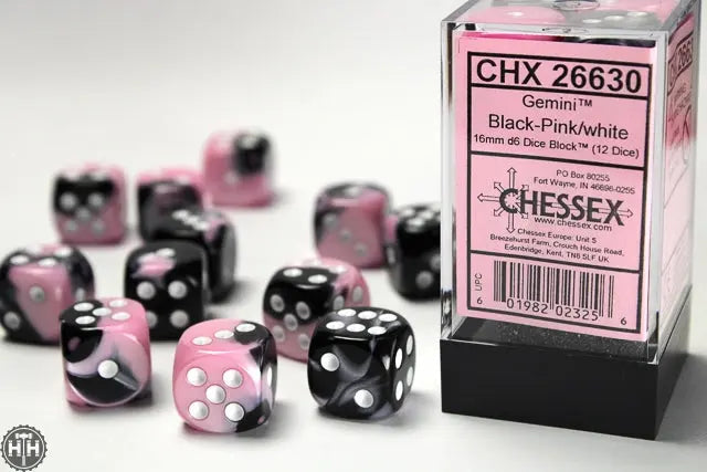 Gemini 16mm d6 Black-Pink/white Dice Block (12 dice) 16mm Dice Chessex