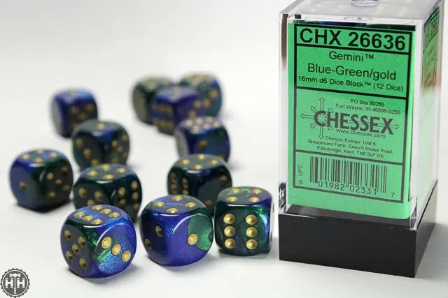 Gemini 16mm d6 Blue-Green/gold Dice Block (12 dice) 16mm Dice Chessex