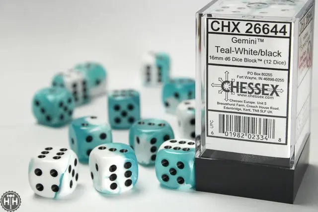 Gemini 16mm d6 Teal-White/black Dice Block (12 dice) 16mm Dice Chessex