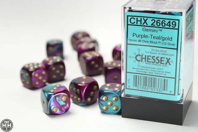 Gemini 16mm d6 Purple-Teal/gold Dice Block (12 dice) 16mm Dice Chessex
