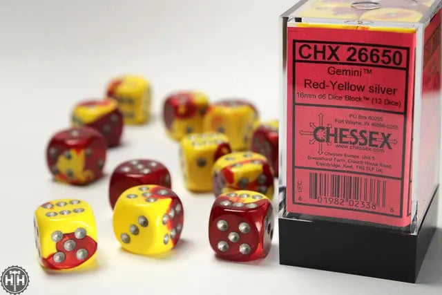 Gemini 16mm d6 Red-Yellow/silver Dice Block (12 dice) 16mm Dice Chessex