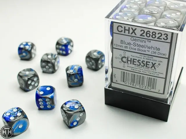 Gemini 12mm d6 Blue-Steel/white Dice Block (36 dice) 12mm Dice Chessex