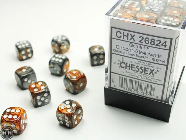 Gemini 12mm d6 Copper-Steel/white Dice Block (36 dice) 12mm Dice Chessex