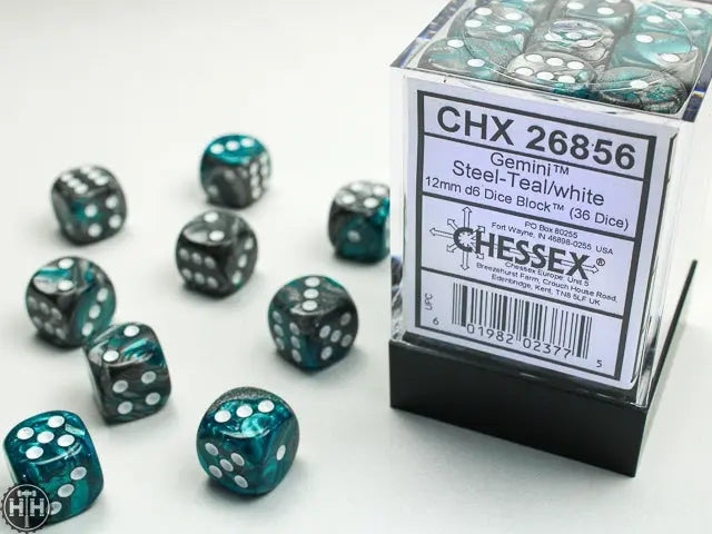 Gemini 12mm d6 Steel-Teal/white Dice Block (36 dice) 12mm Dice Chessex
