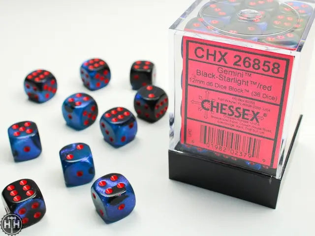 Gemini 12mm d6 Black-Starlight/red Dice Block (36 dice) 12mm Dice Chessex