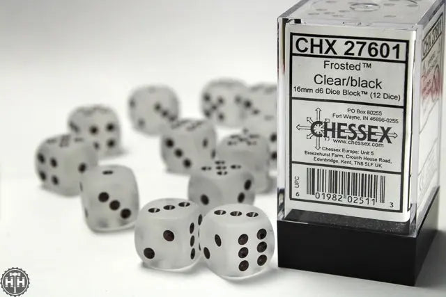 Frosted 16mm d6 Clear/black Dice Block (12 dice) 16mm Dice Chessex