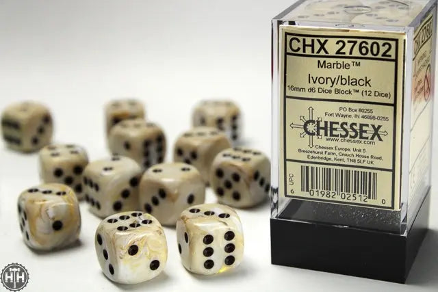 Marble 16mm d6 Ivory/black Dice Block (12 dice) 16mm Dice Chessex
