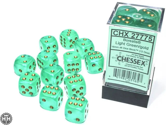 Chessex Borealis 16mm d6 Light Green/gold Luminary Dice Block (12 dice) Borealis Chessex
