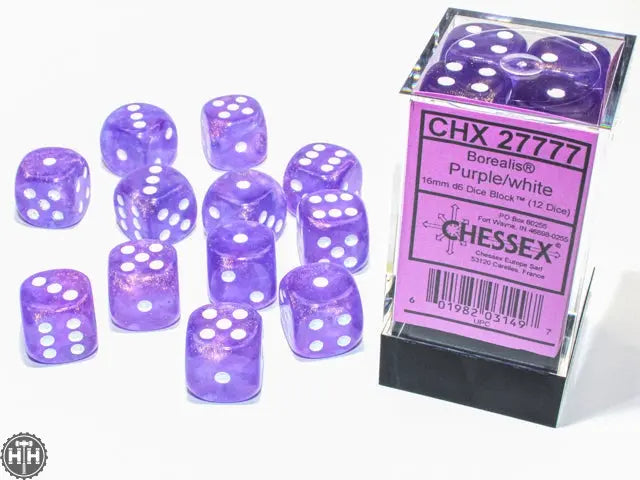 Chessex Borealis 16mm d6 Purple/white Luminary Dice Block (12 dice) Borealis Chessex