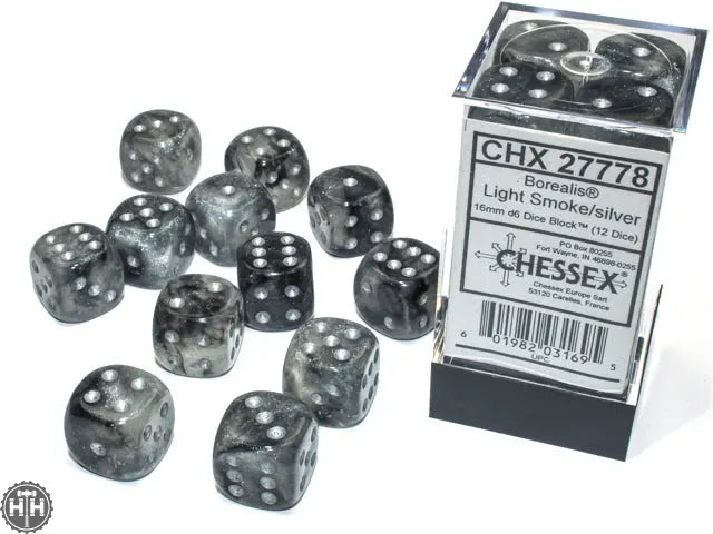 Chessex Borealis 16mm d6 Light Smoke/silver Luminary Dice Block (12 dice) Borealis Chessex