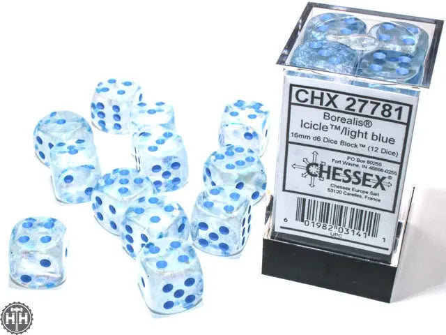Chessex Borealis 16mm d6 Icicle/light blue Luminary Dice Block (12 dice) Borealis Chessex