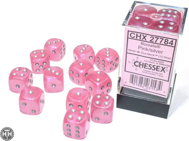 Chessex Borealis 16mm d6 Pink/silver Luminary Dice Block (12 dice) Borealis Chessex