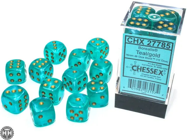 Chessex Borealis 16mm d6 Teal/gold Luminary Dice Block (12 dice) Borealis Chessex