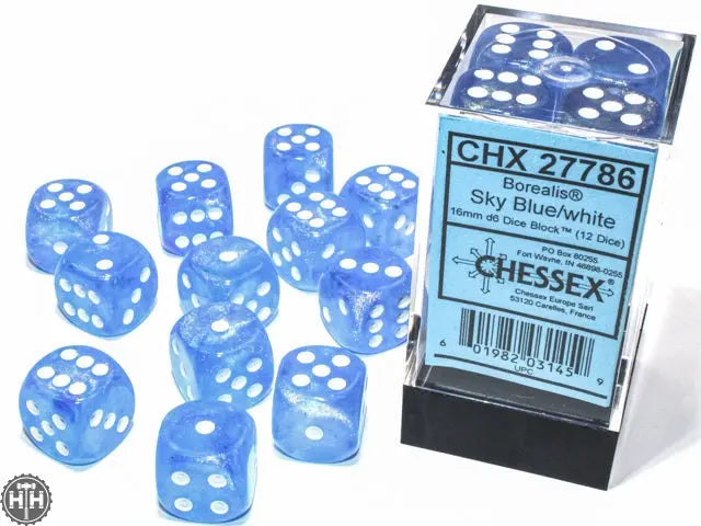 Chessex Borealis 16mm d6 Sky Blue/white Luminary Dice Block (12 dice) Borealis Chessex