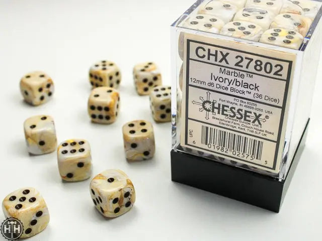 Marble 12mm d6 Ivory/black Dice Block (36 dice) 12mm Dice Chessex
