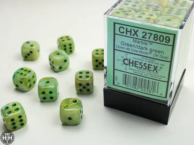 Chessex Marble 12mm d6 Green/dark green Dice Block (36 dice) Marble Chessex