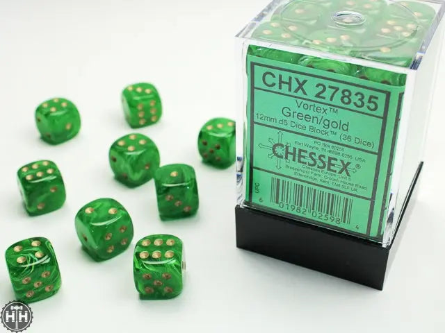 Vortex 12mm d6 Green/gold Dice Block (36 dice) 12mm Dice Chessex