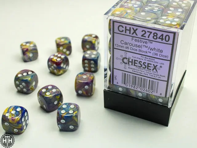 Festive 12mm d6 Carousel/white Dice Block (36 dice) 12mm Dice Chessex