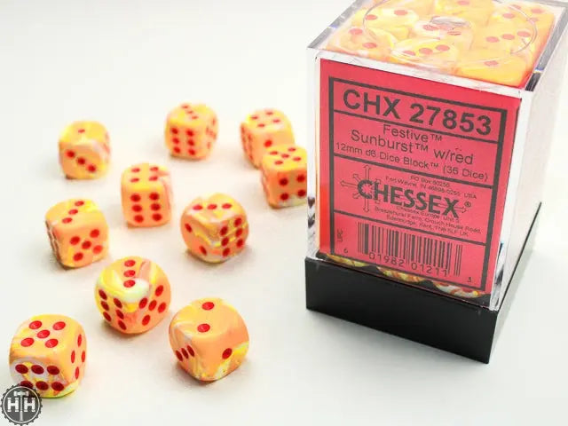 Chessex Festive 12mm d6 Sunburst/red Dice Block (36 dice) Festive Chessex