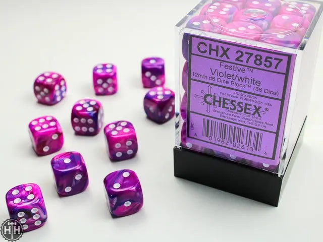 Festive 12mm d6 Violet/white Dice Block (36 dice) 12mm Dice Chessex