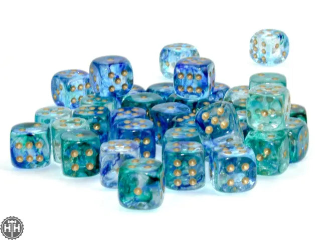 Chessex Nebula 12mm d6 Oceanic/gold Dice Block (36 dice) Nebula Chessex