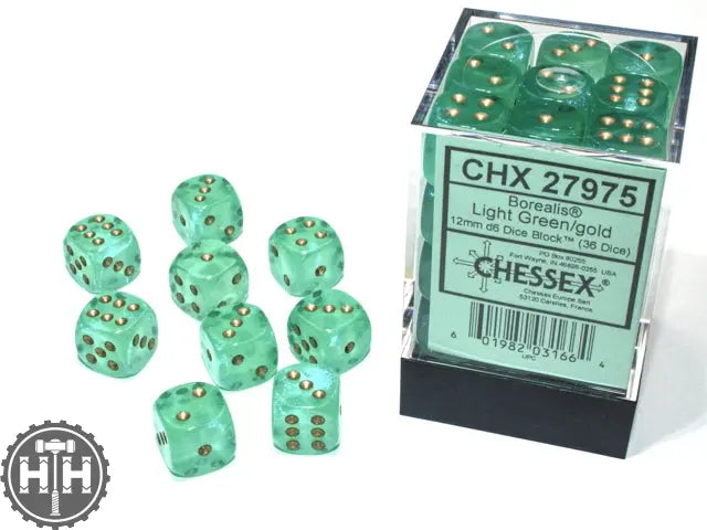 Chessex Borealis 12mm d6 Light Green/gold Luminary Dice Block (36 dice) Borealis Chessex
