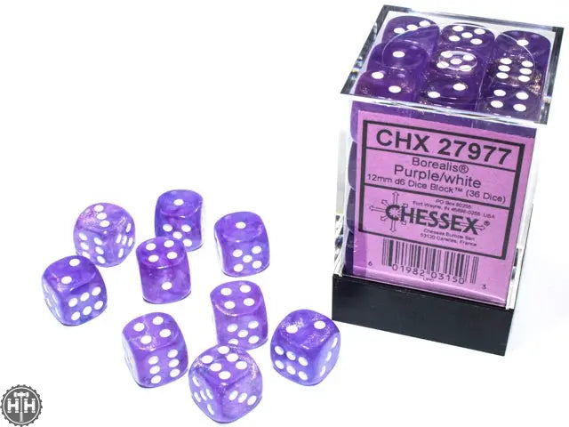 Chessex Borealis 12mm d6 Purple/white Luminary Dice Block (36 dice) Borealis Chessex