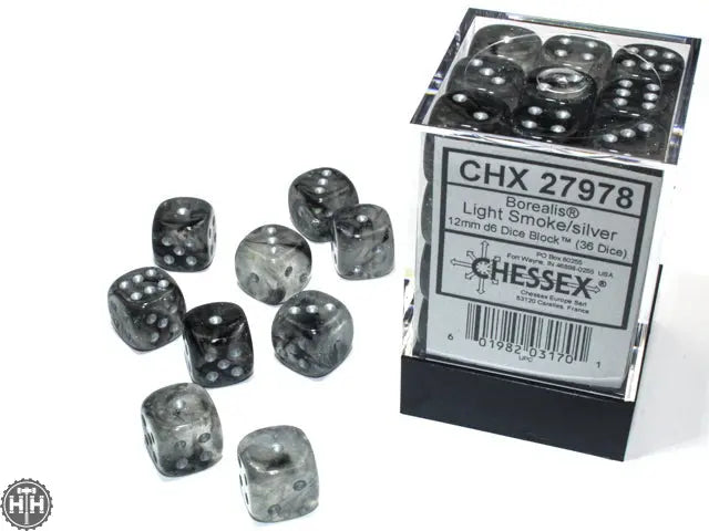 Chessex Borealis 12mm d6 Light Smoke/silver Luminary Dice Block (36 dice) Borealis Chessex