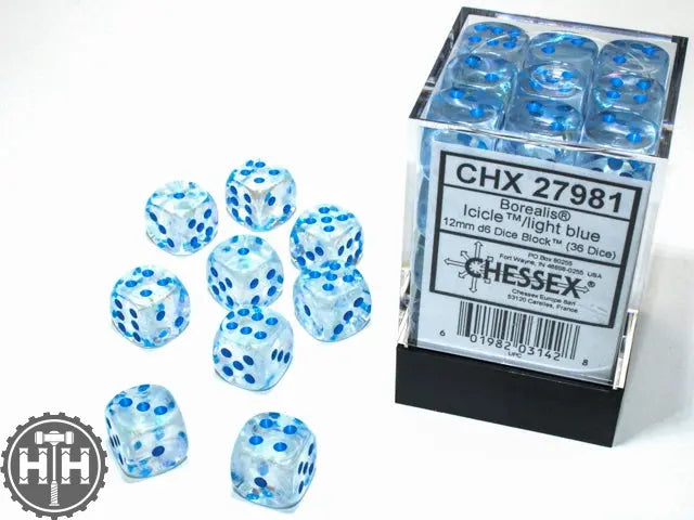 Chessex Borealis 12mm d6 Icicle/light blue Luminary Dice Block (36 dice) Borealis Chessex