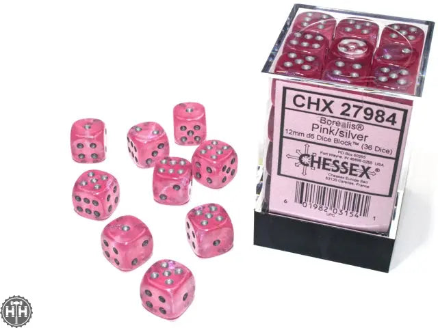 Chessex Borealis 12mm d6 Pink/silver Luminary Dice Block (36 dice) Borealis Chessex
