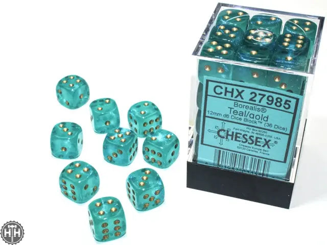 Chessex Borealis 12mm d6 Teal/gold Luminary Dice Block (36 dice) Borealis Chessex