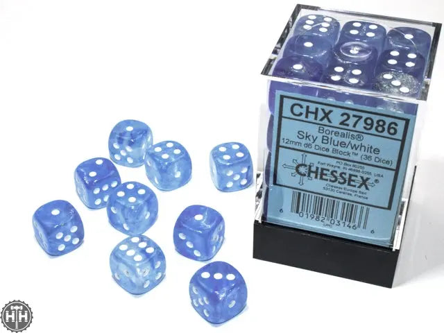 Chessex Borealis 12mm d6 Sky Blue/white Luminary Dice Block (36 dice) Borealis Chessex