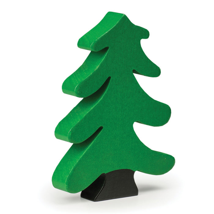 A small, green, wooden fir tree toy made by Trauffer, displayed against a white background.