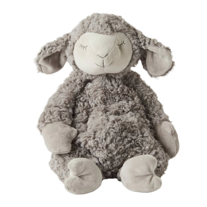 A plush toy resembling a sheep with floppy arms and legs, primarily in gray color.