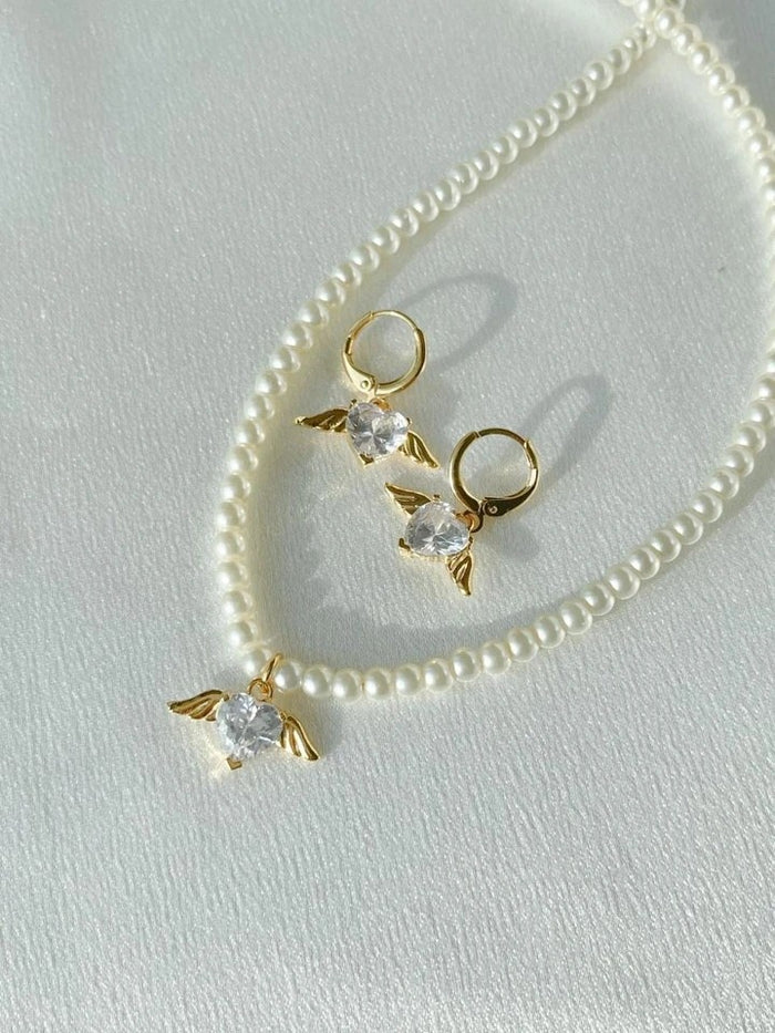 Glass Pearl Angel Heart Necklace
