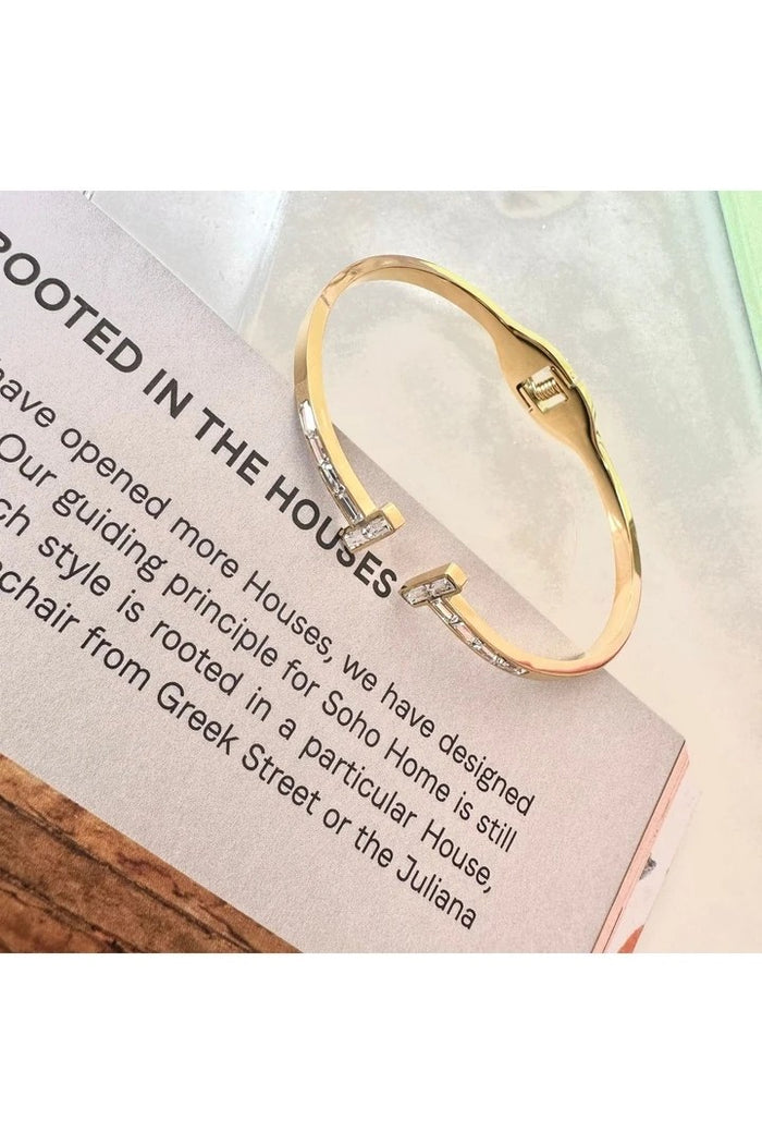 H Baguette Stone Steel Cuff Bracelet -Gold