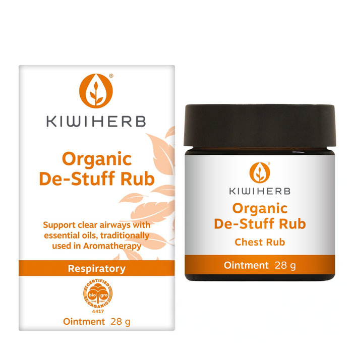 A small jar of Organic De-Stuff Rub with herbs to support sinus and nasal decongestion.