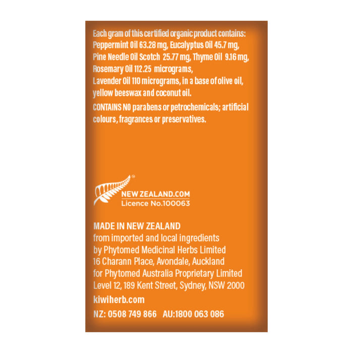 Back of the box of Organic De-Stuff Rub with cautions and how to use it. NZ made and GMP friendly. No nasties. No fragrances.