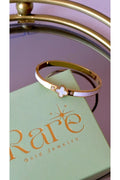 Pearlescent White Enameled Steel Cuff Bracelet V Flower Shaped - Gold