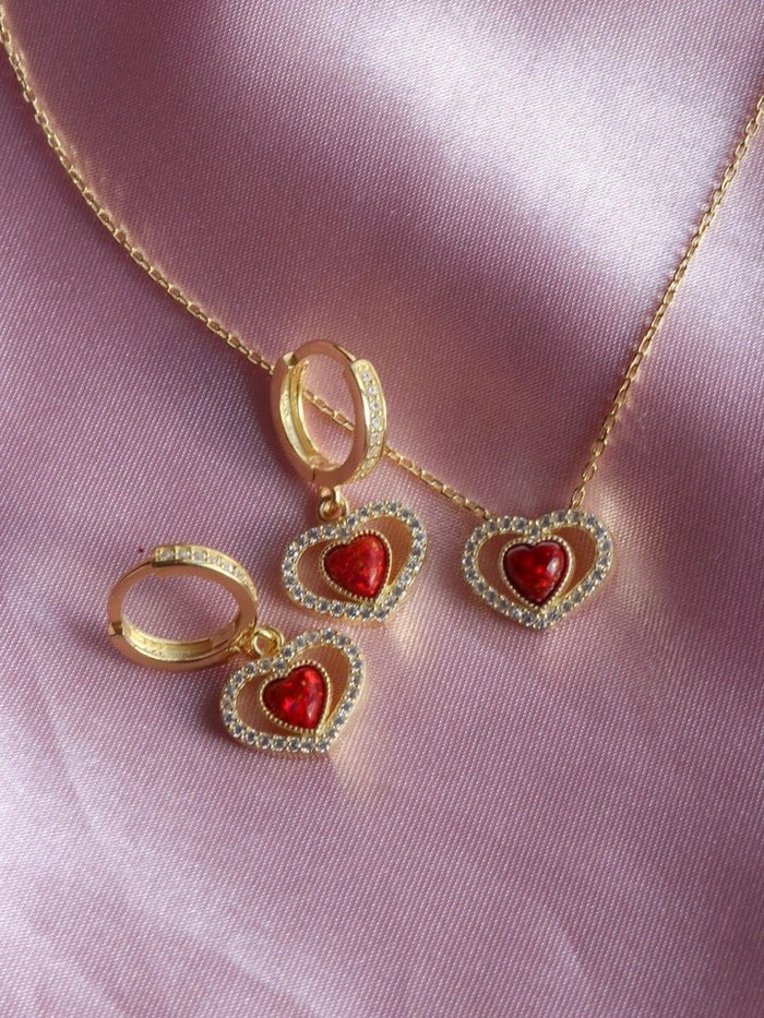 Red Opal Stone Heart Necklace 925 Silver