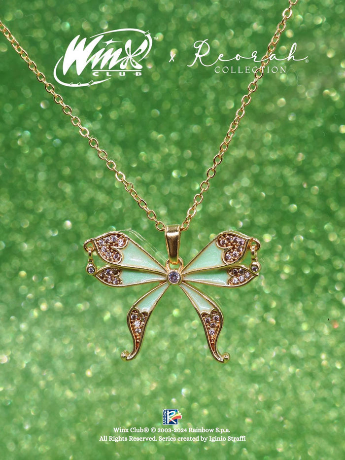 A necklace featuring a  brass chain with a fairy wing design and a central cubic zirconia gemstone, from the Winx Club collection.