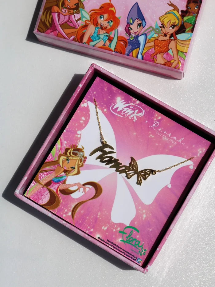 Create a magical keepsake with the Winx Club® Flora Personalized Enchantix Wings Name Necklace. Crafted from 925 sterling silver and customized with your name, this officially licensed necklace is perfect for every Winx Club fan.