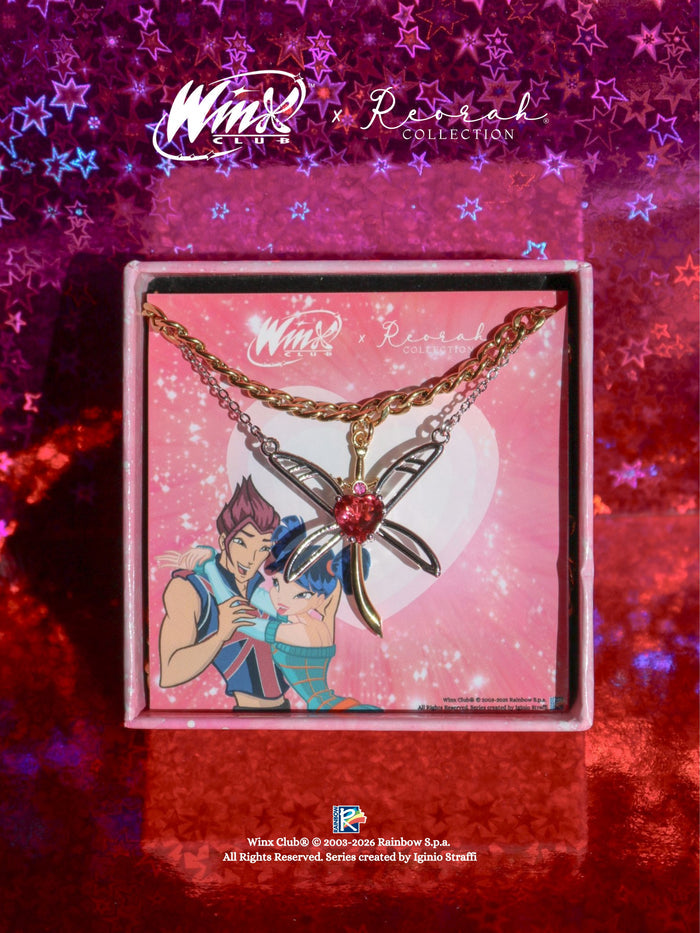 Necklace with a red gem and sword chain in a box.